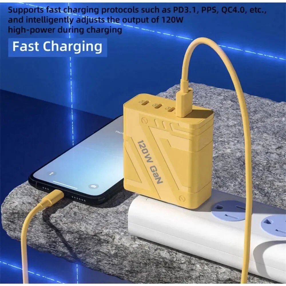 120W GaN 4-Port Wall Charger + 4-in-1 Fast Charge Cable, USB-C PD & USB-A QC